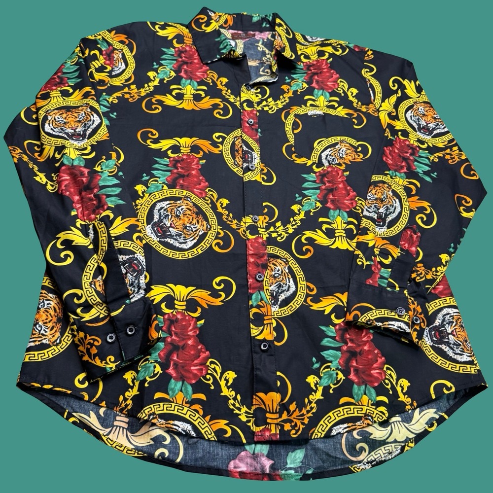 D'VAGAR TIGER ROSE BAROQUE PRINT BUTTON DOWN SHIRT
